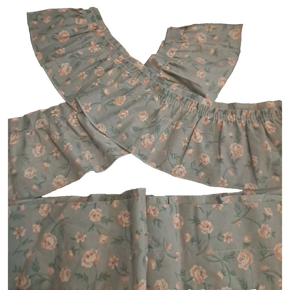 Vintage Gray Pink Roses Curtain Panels W Tiebacks Ruffled Country Cottage 64x84